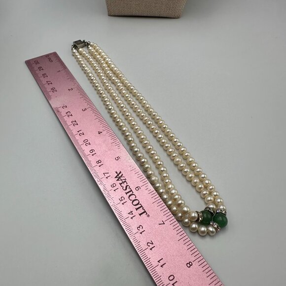 Vintage Faux Pearl Necklace 14/20 GF Clasp Double Strand Green Accent Bead 14.5" - Picture 10 of 11